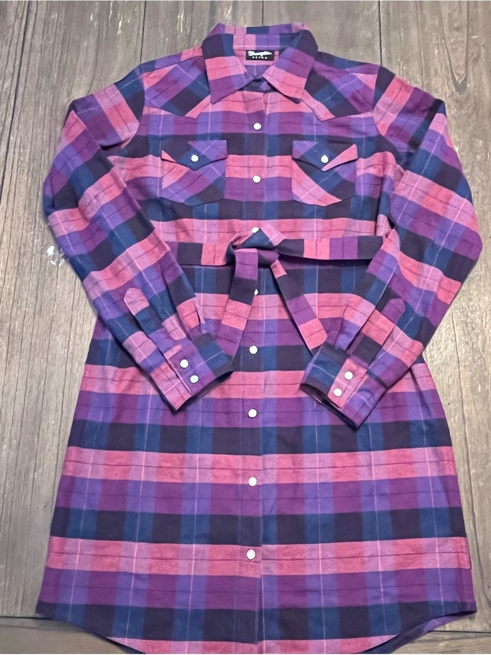 Wrangler Retro Purple Plaid Pearl Snap Shirt Dress Womens Medium Western